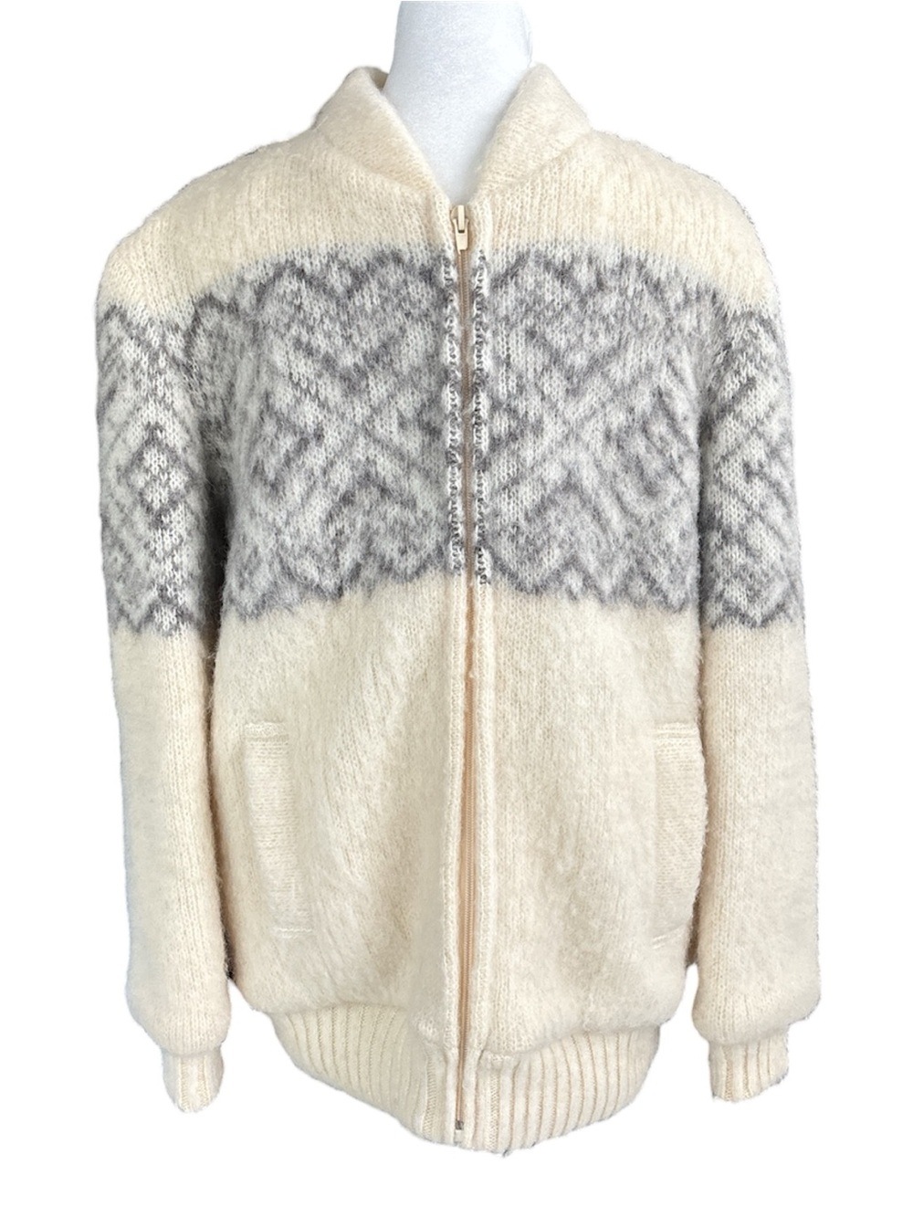 Tinna Ltd. Vintage Icelandic 100% Wool Zipped Cardigan with Lining Cream/Grey M